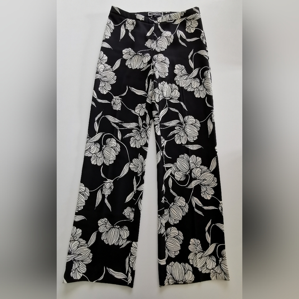 Melanie Lyne Black And Cream Floral Pattern Wide Leg Trousers Pants Slacks